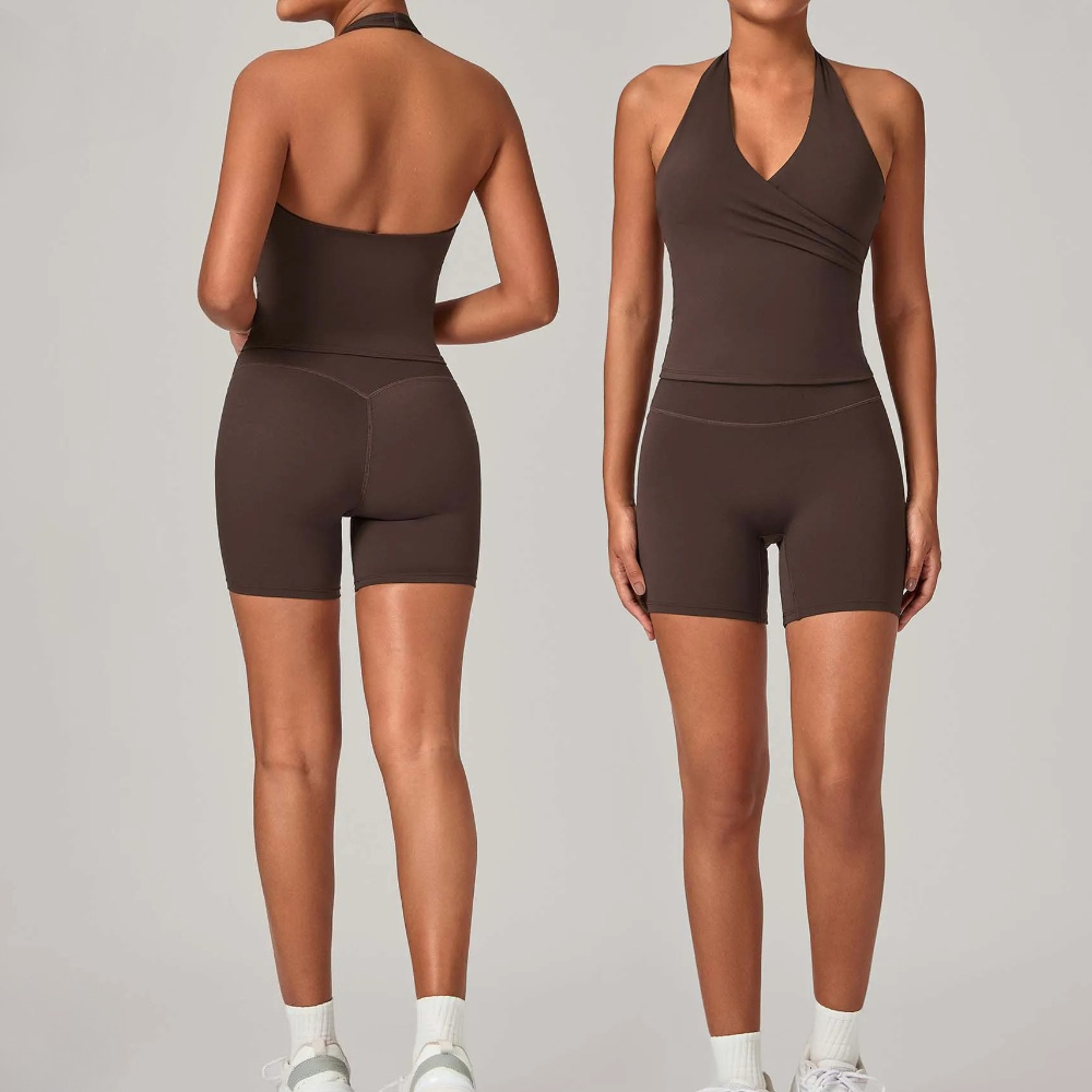 Pilates Yoga Set - ชุดออกกำลังกายผู้หญิง 2 ชิ้น เสื้อกล้ามคอวีแบบผูกเอว พร้อมกางเกงขาสั้นโยคะเอวสูง ช่วยยกสะโพก