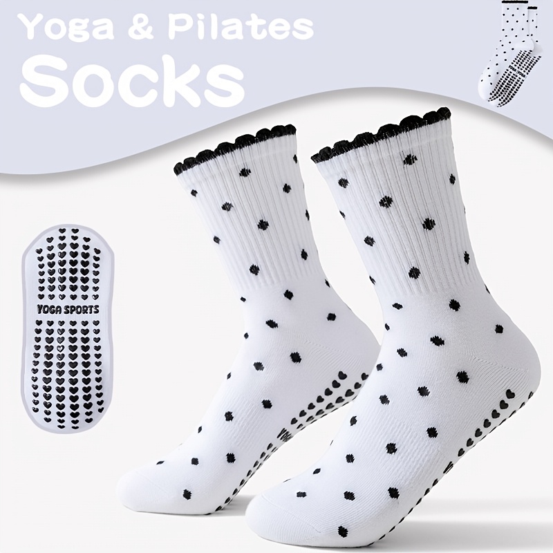 Pilates Yoga Barre - ถุงเท้าโยคะสำหรับผู้หญิง สีขาวลายจุดดำ กันลื่น ระดับกลางน่อง ระบายอากาศได้ดี นุ่ม