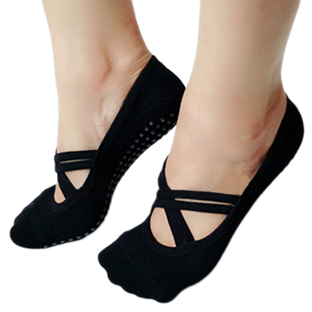 Pilates Yoga Barre - ถุงเท้าโยคะสำหรับผู้หญิง สีดำ กันลื่น สำหรับพิลาทิส เต้นรำ ทรงต่ำ