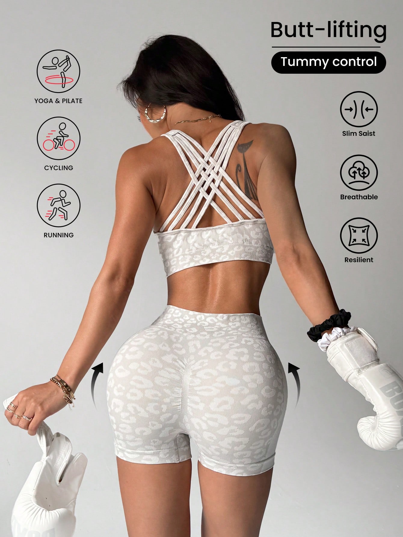 Pilates Yoga Set - ชุดโยคะลายเสือดาวเอวสูงและกระชับหน้าท้องสำหรับผู้หญิง ช่วยยกสะโพกและกระชับรูปร่าง เหมาะสำหรับใส่ออกนอกบ้าน สีพีช